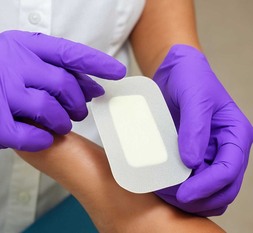 Detalle de un profesional sanitario preparando un apósito inteligente con acción antimicrobiana.