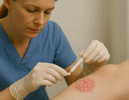 Enfermera aplicando injertos en sello (microinjertos circulares) sobre herida superficial eritematosa