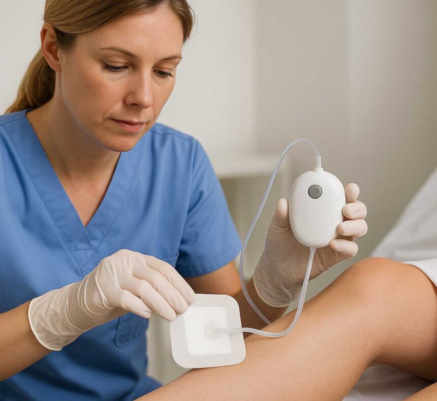 Aplicación de oxigenoterapia tópica por enfermería mediante dispositivo portátil y apósito difusor.