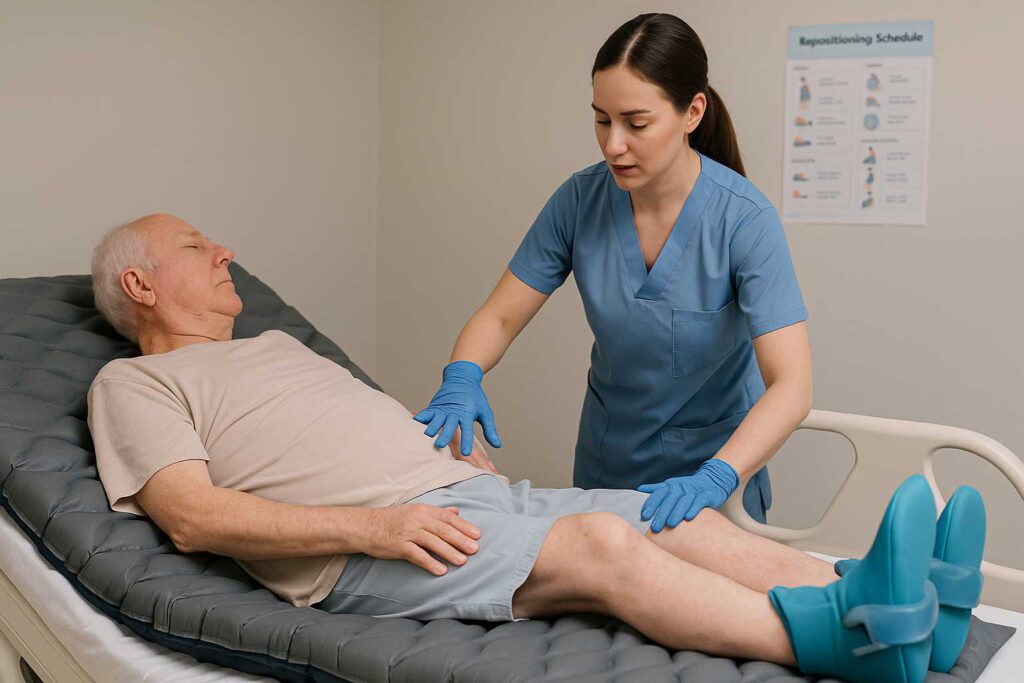 cambio postural en cama para prevenir úlceras por presión, con colchón antiescaras y taloneras protectoras