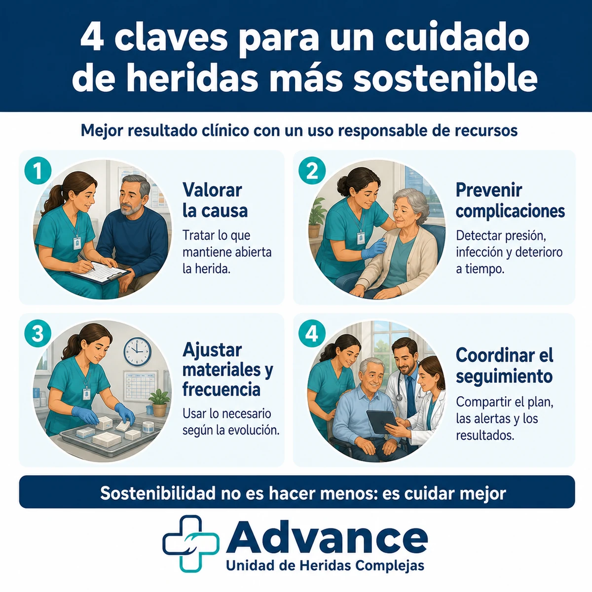 Infografía con cuatro claves: valorar la causa, prevenir complicaciones, ajustar materiales y coordinar el seguimiento