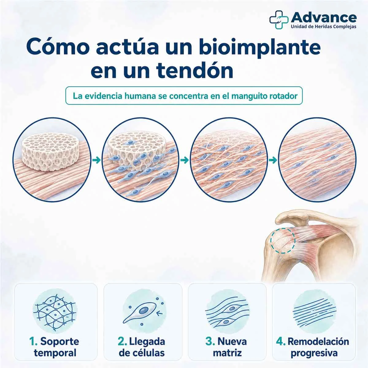 Infografía sobre cómo un bioimplante guía la llegada de células, el depósito de colágeno y la remodelación del tendón.