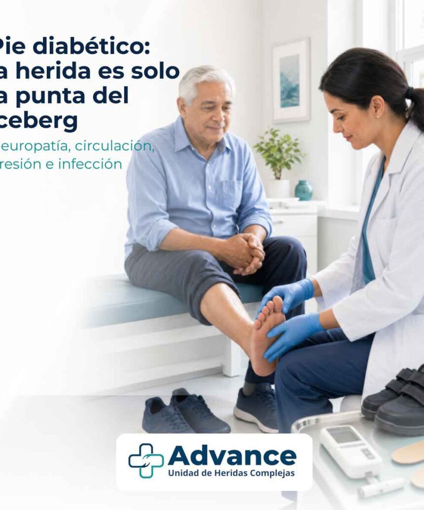 En el pie diabético, la herida visible puede ser la fase final de problemas más profundos como neuropatía, mala circulación o presión mantenida.
