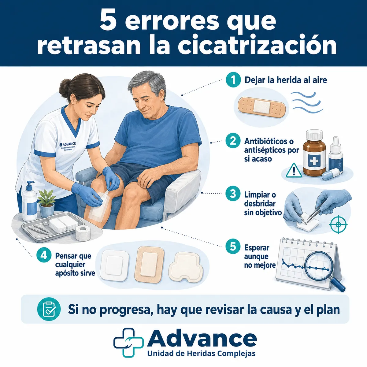 Infografía con cinco errores frecuentes que retrasan la cicatrización de una herida.
